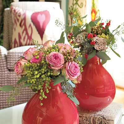 Mixed Floral Arrangement in Red Vase