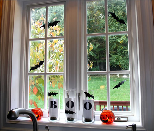 boo halloween decor on window sill