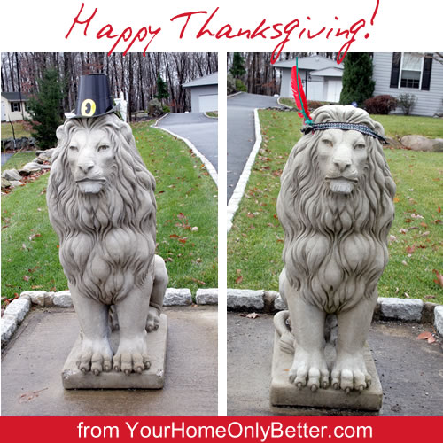 lion statues dressed for Thanksgiving Day