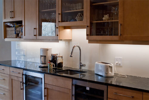 kitchen with glass cabinet doors