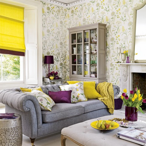 happy yellow in a living room, paired with grays and purples