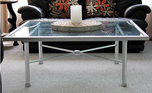 upcycled glass top coffee table