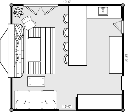 family room and kitchen open concept plan