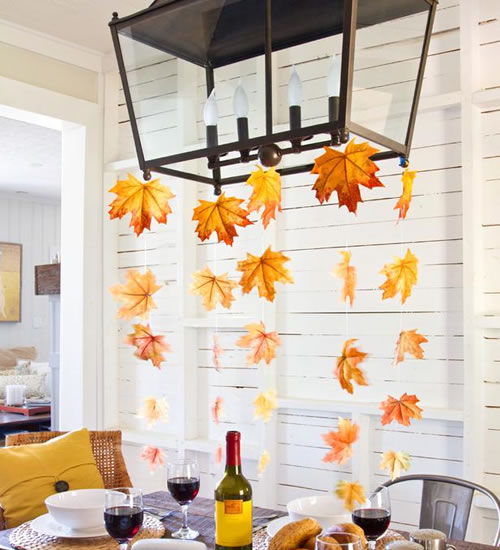 leaves hanging from chandelier