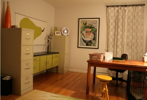 home office with painted green cabinet