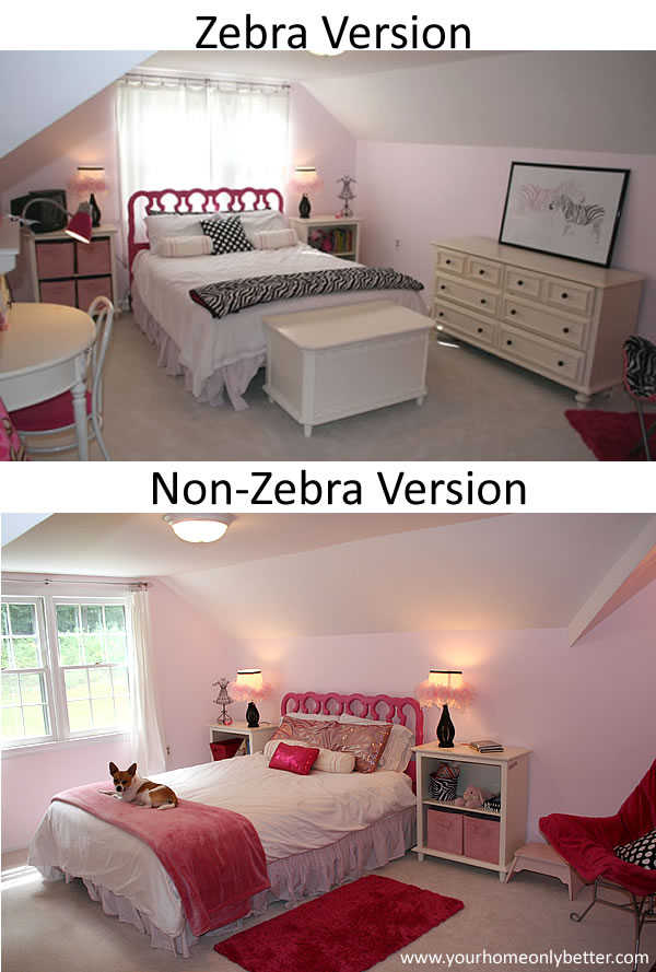 Redesigning a pink girls bedroom from zebra to non-zebra