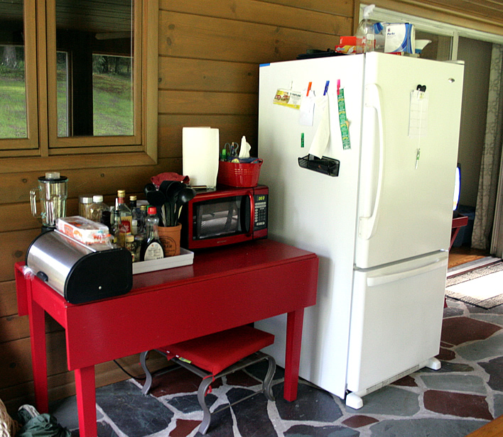 food prep and refrigerator area during a kitchen renovation